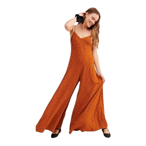 FREE PEOPLE Rust Orange Polka Dot Open Back Wide Leg Jumpsuit XS NEW - Picture 12 of 15